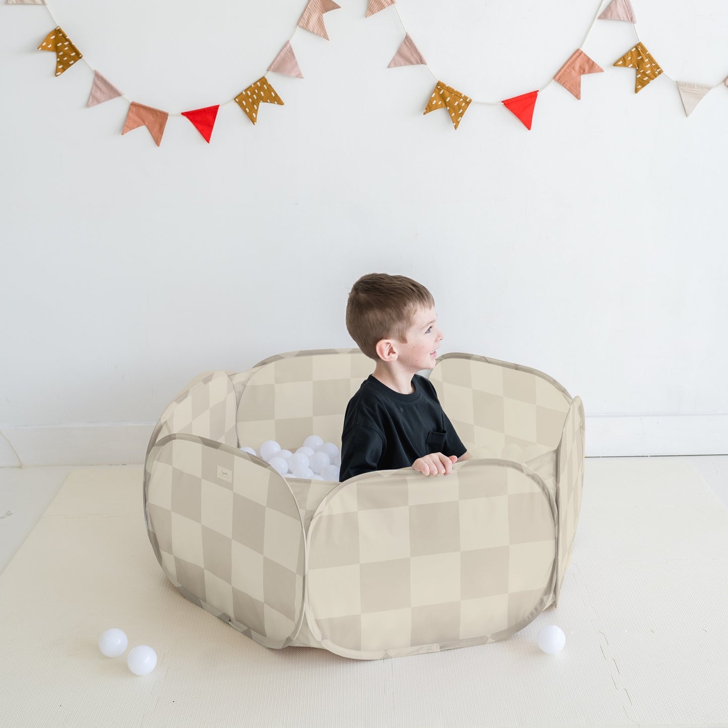 checkerboard beige recycled fabric ball pit