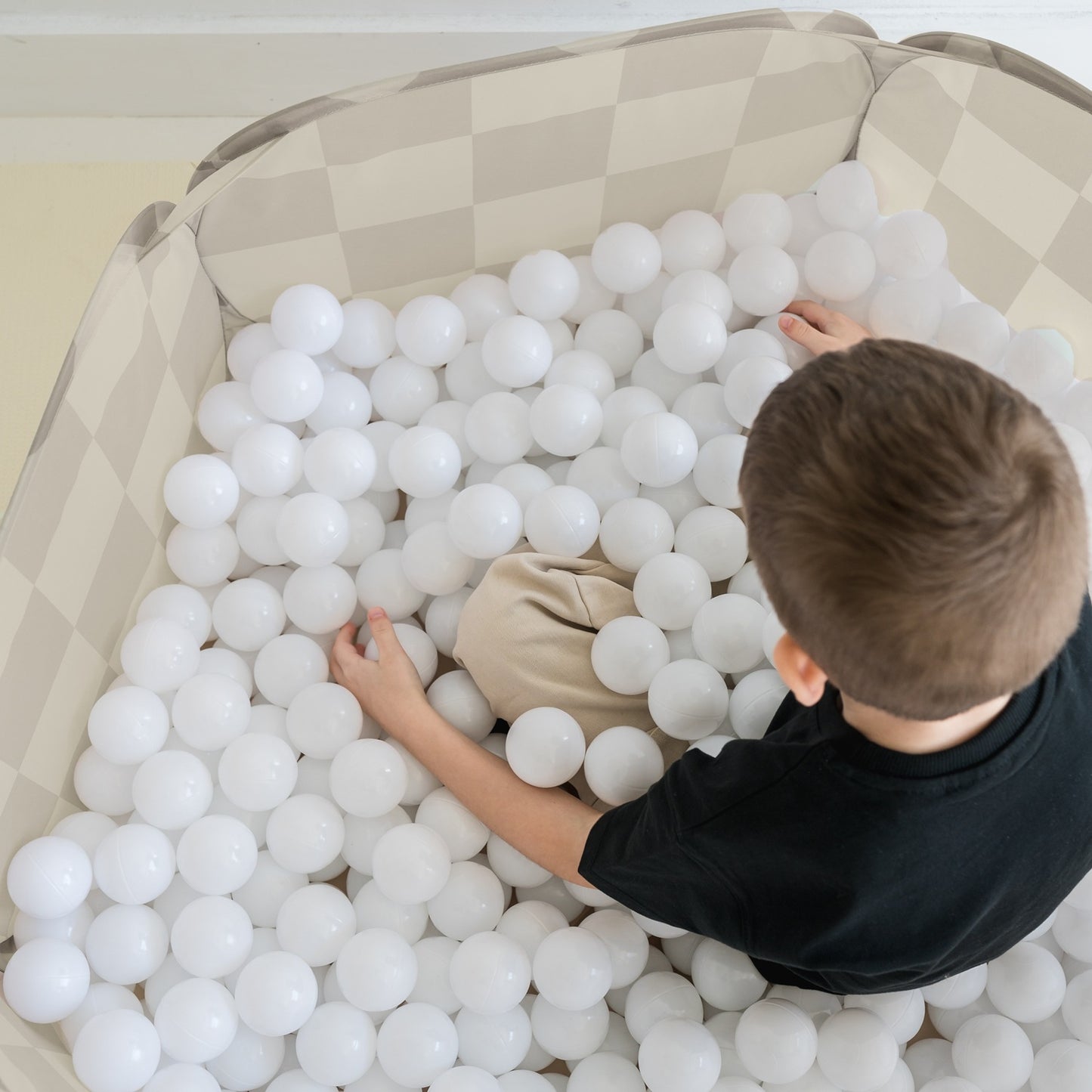 checkerboard beige recycled fabric ball pit