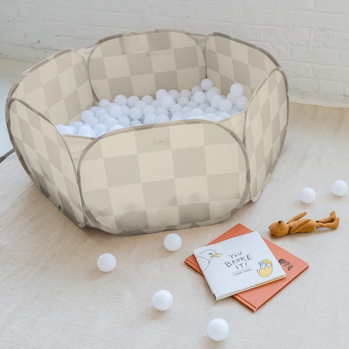 checkerboard beige recycled fabric ball pit