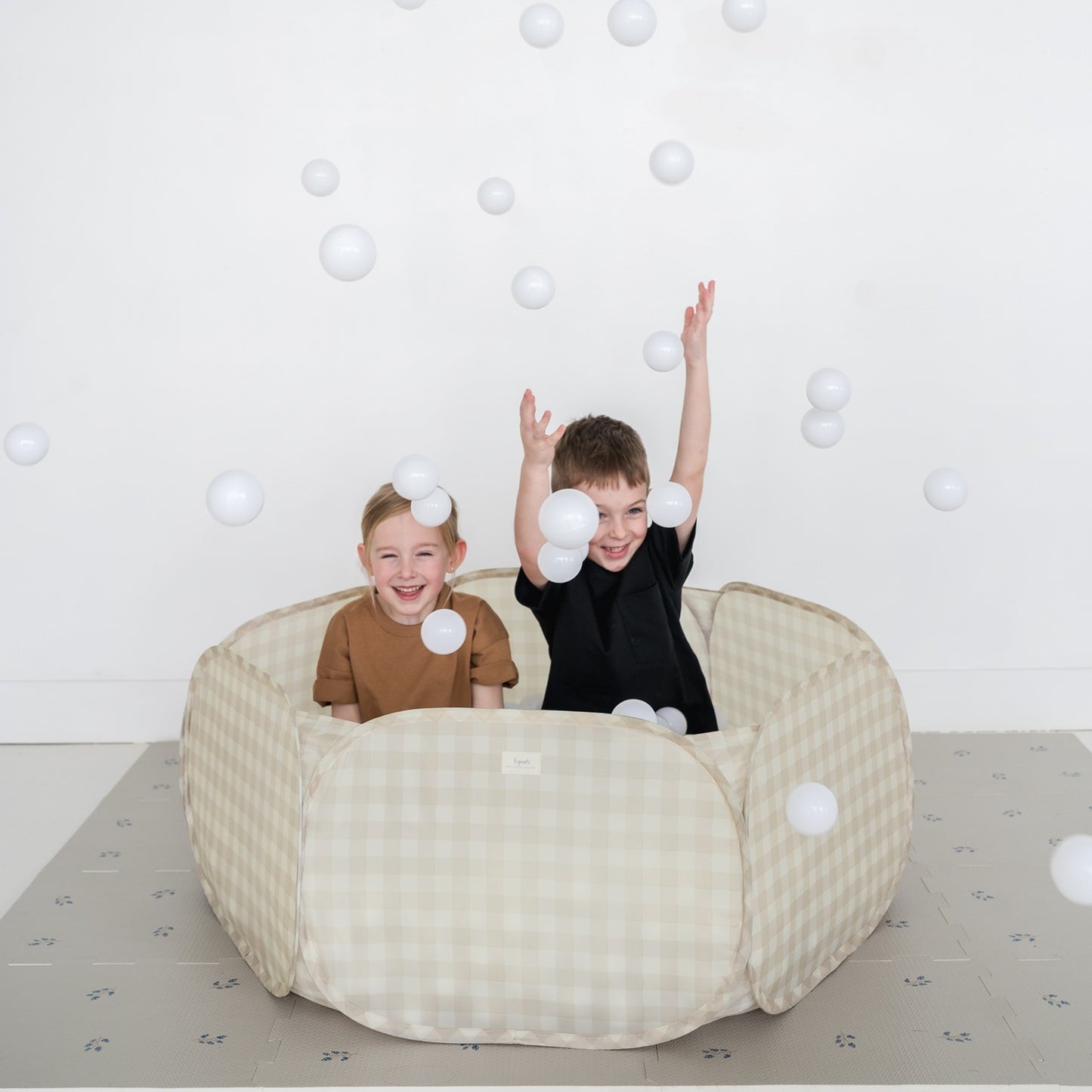 gingham beige recycled fabric ball pit