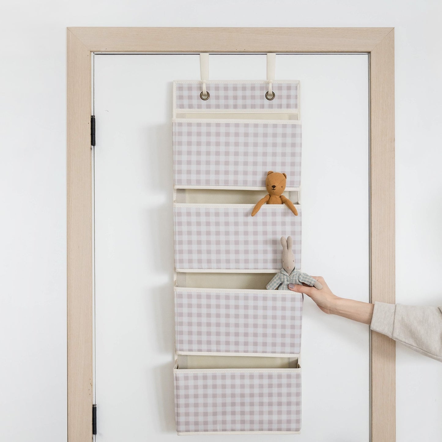 Gingham Beige Recycled Fabric Over the Door Organizer