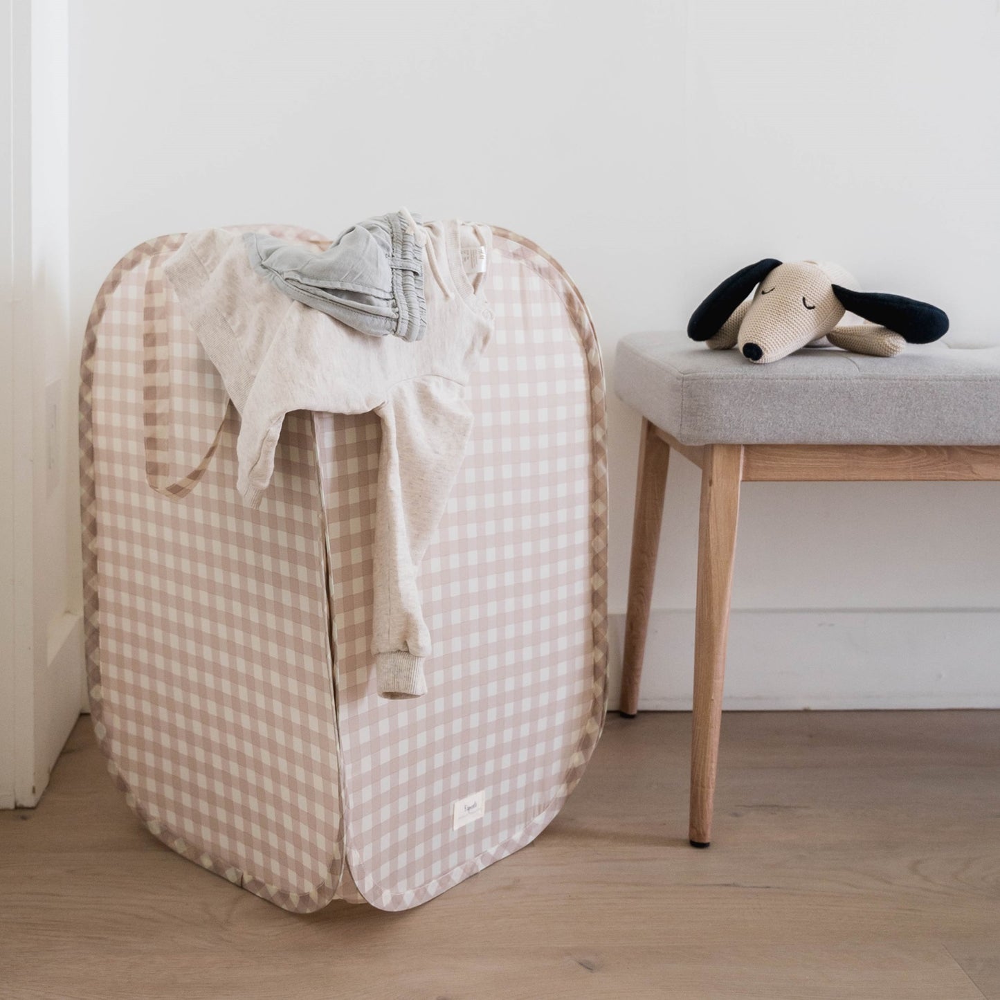 Gingham Beige Recycled Fabric Pop-Up Laundry Hamper