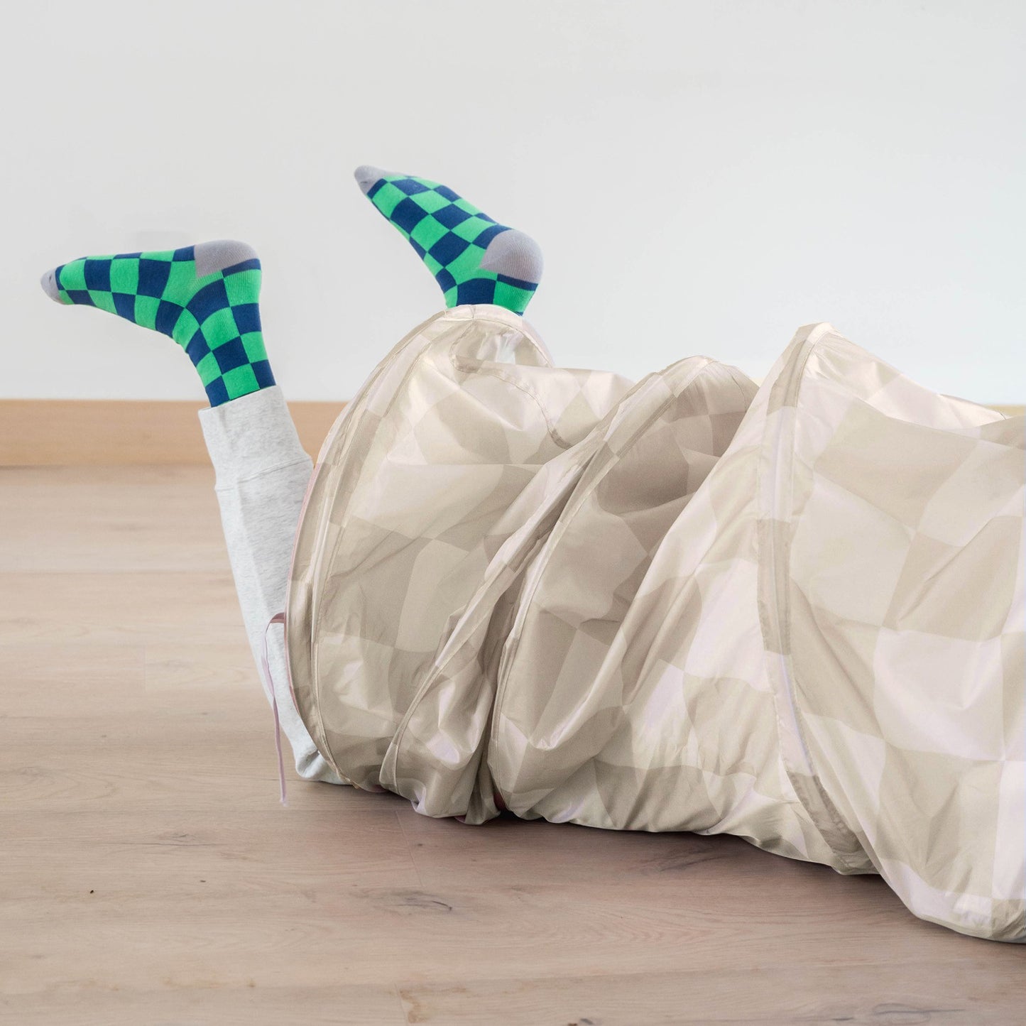 checkerboard beige recycled fabric play tunnel