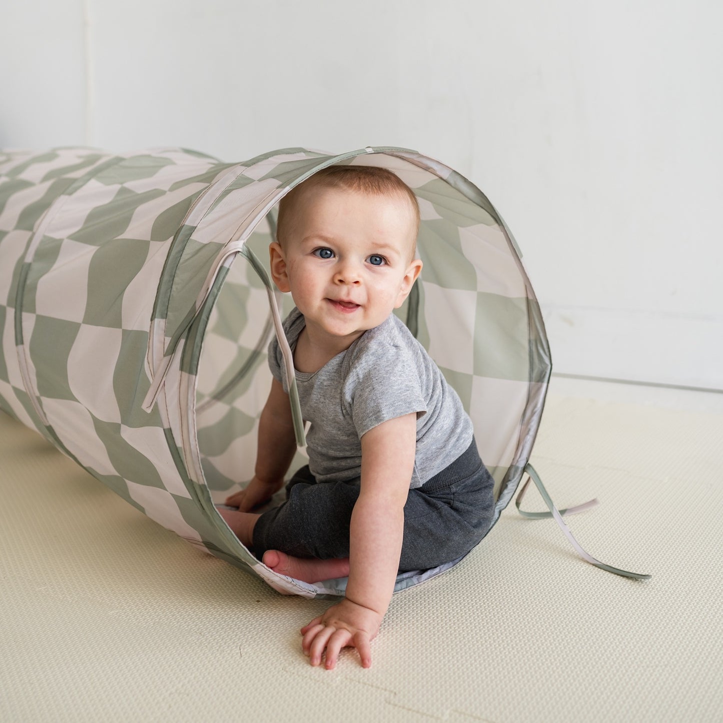 checkerboard green recycled fabric play tunnel