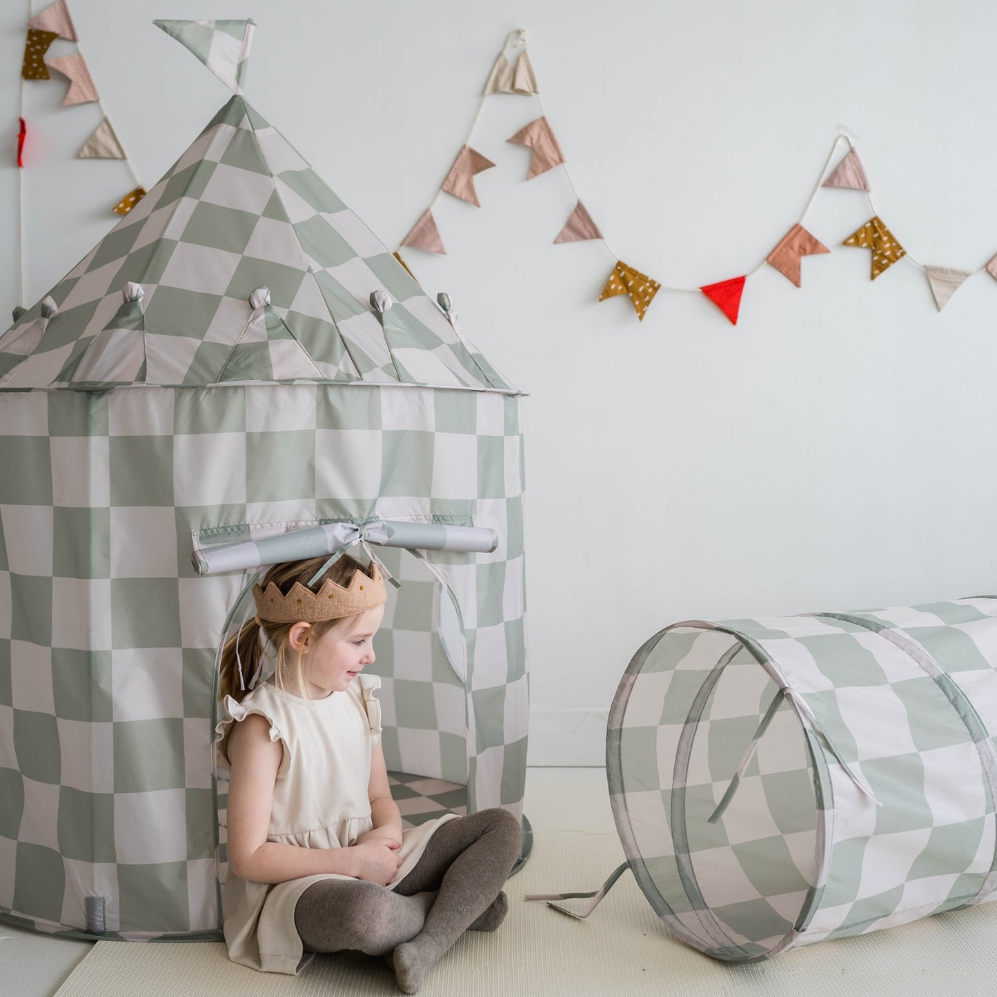 checkerboard green recycled fabric play tunnel