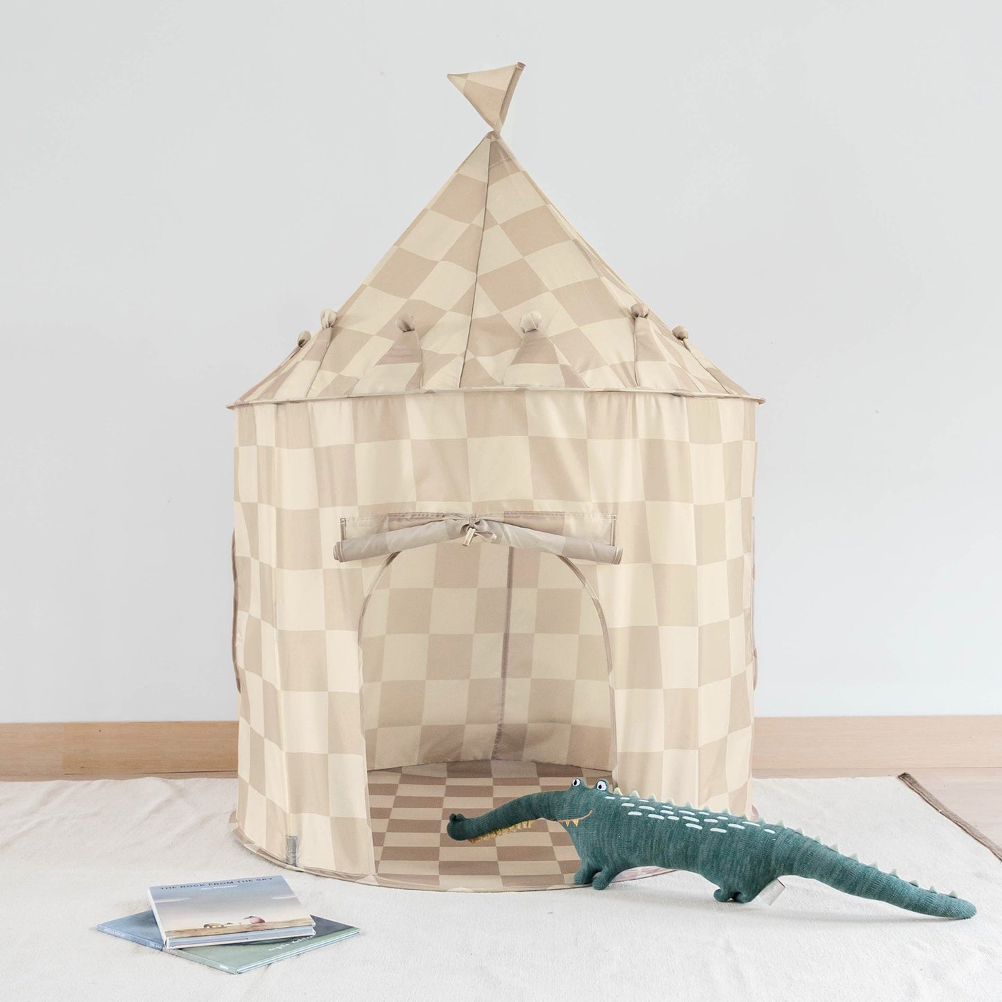 checkerboard beige recycled fabric play tent