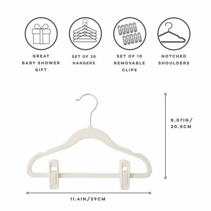 cream velvet non-slip hangers (30 per set) with 10 clips for children/baby