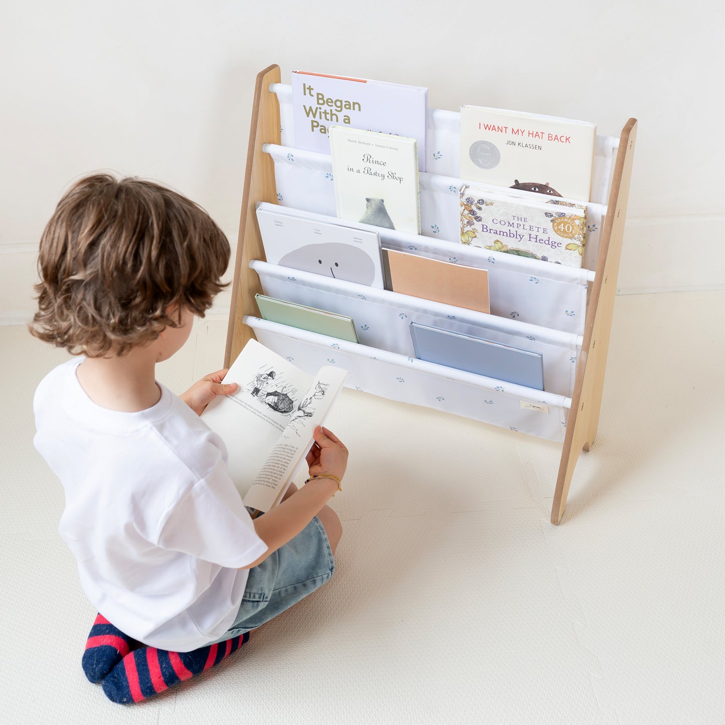ivory blueberry recycled fabric book rack