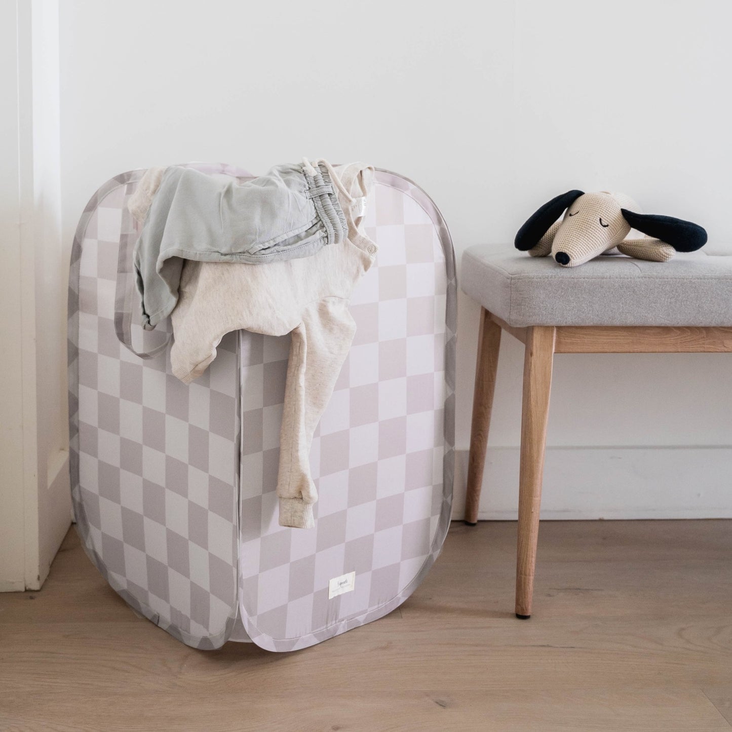 Checkerboard Beige Recycled Fabric Pop-Up Laundry Hamper