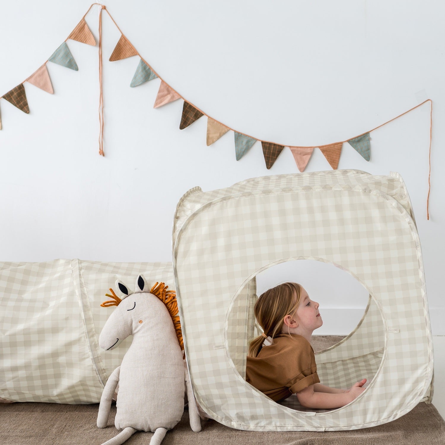 Gingham Beige Recycled Fabric 3-in-1 Play Tent & Tunnel Set