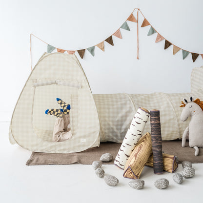 Gingham Beige Recycled Fabric 3-in-1 Play Tent & Tunnel Set –