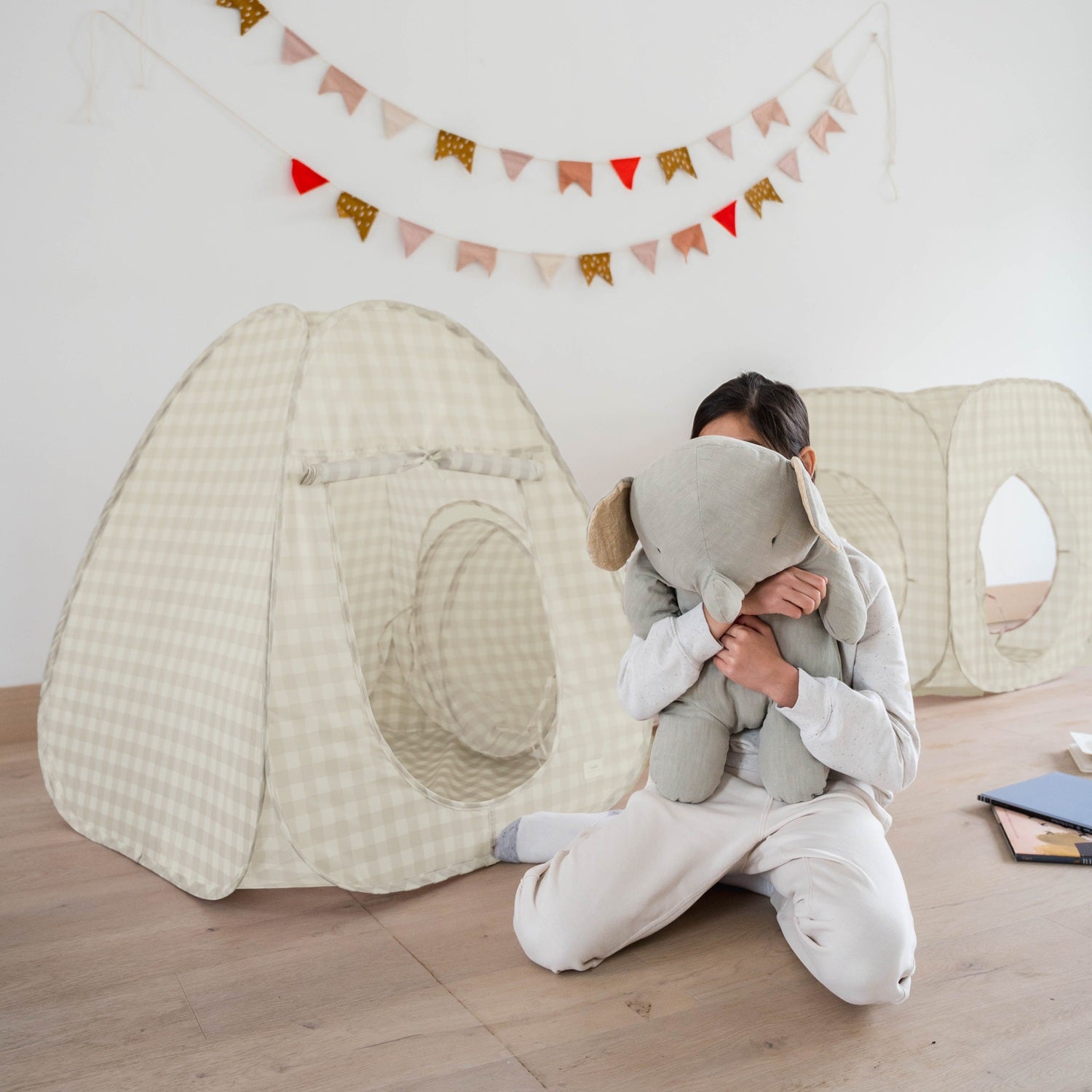 play tent and tunnel Gingham Beige Recycled Fabric 3-in-1 Play Tent & Tunnel Set