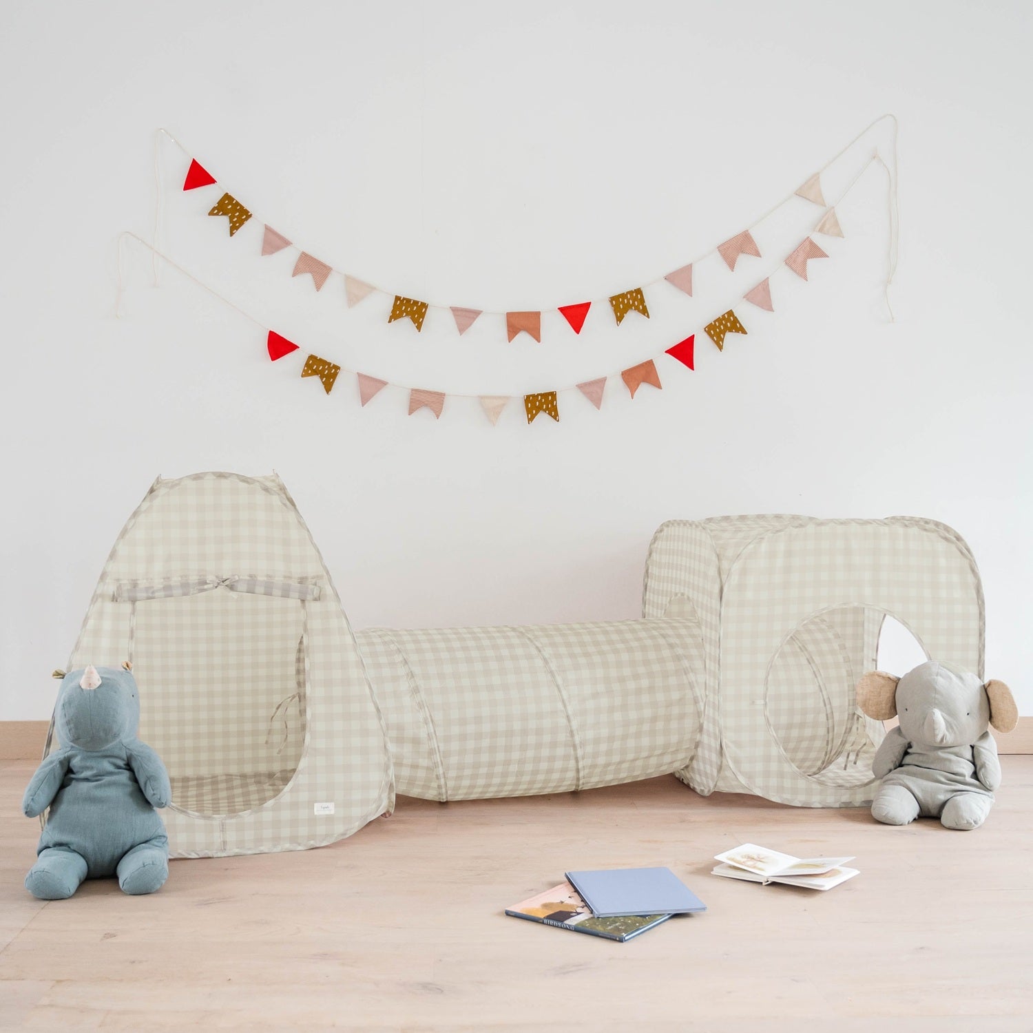 children's tent and tunnel Gingham Beige Recycled Fabric 3-in-1 Play Tent & Tunnel Set