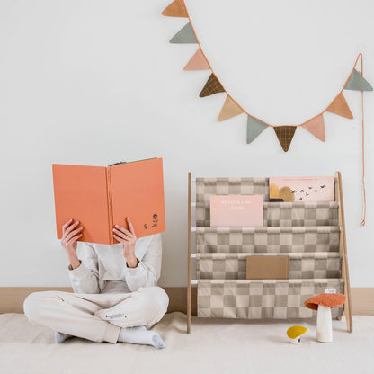 checkerboard beige recycled fabric book rack