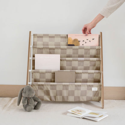 checkerboard beige recycled fabric book rack