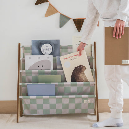 checkerboard green recycled fabric book rack – 3sprouts.com