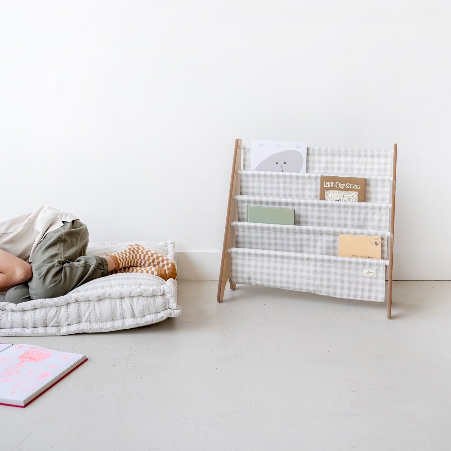 beige gingham recycled fabric book rack