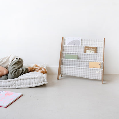 beige gingham recycled fabric book rack