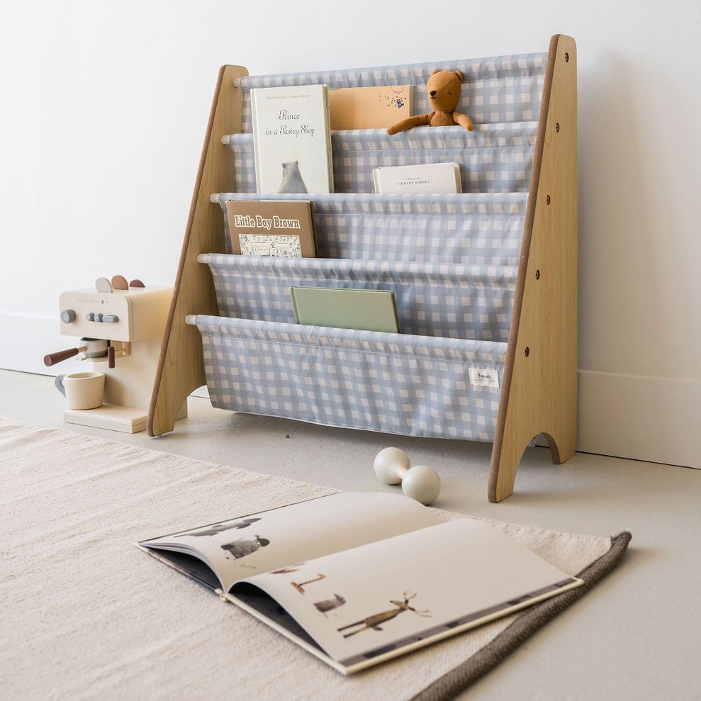 blue gingham recycled fabric book rack
