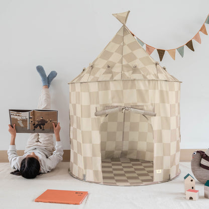 checkerboard beige recycled fabric play tent