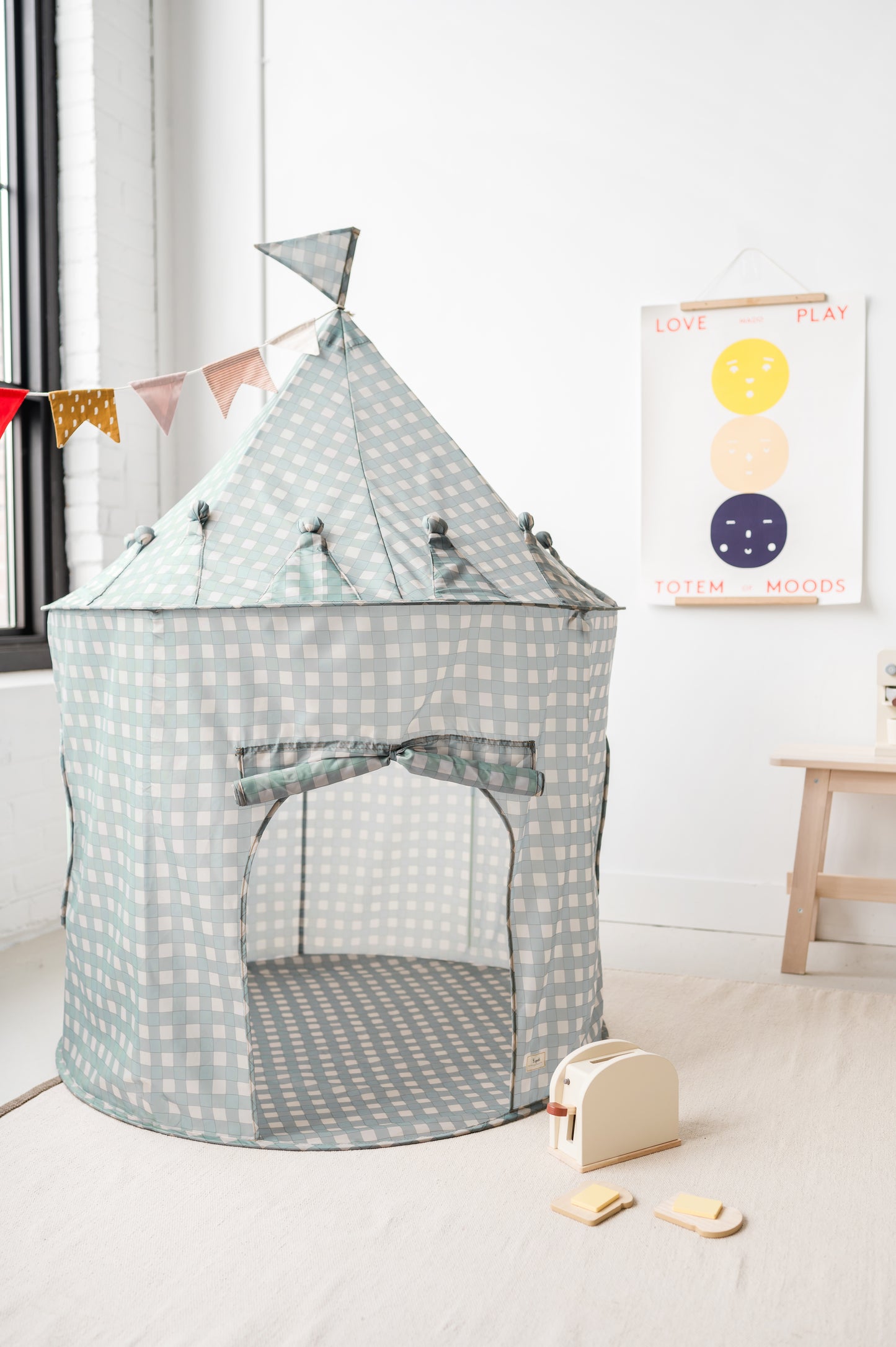 gingham blue recycled fabric play tent