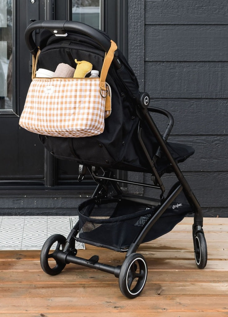 gingham mustard print quilted stroller organizer